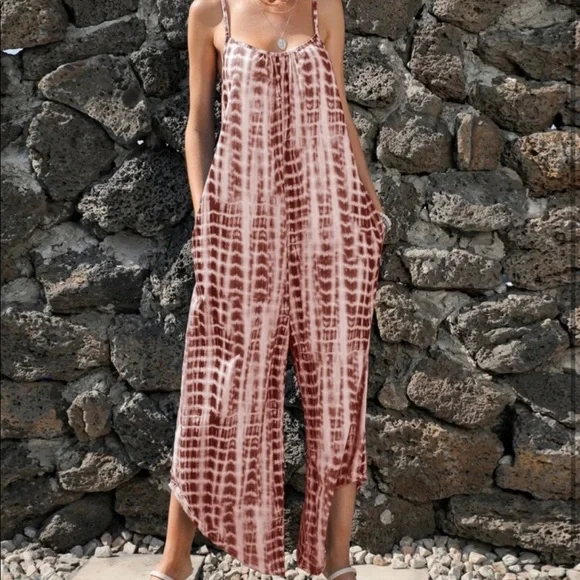 Boho Tie Dye Wide Leg Pants Pocket Jumpsuit - Picture 9 of 11